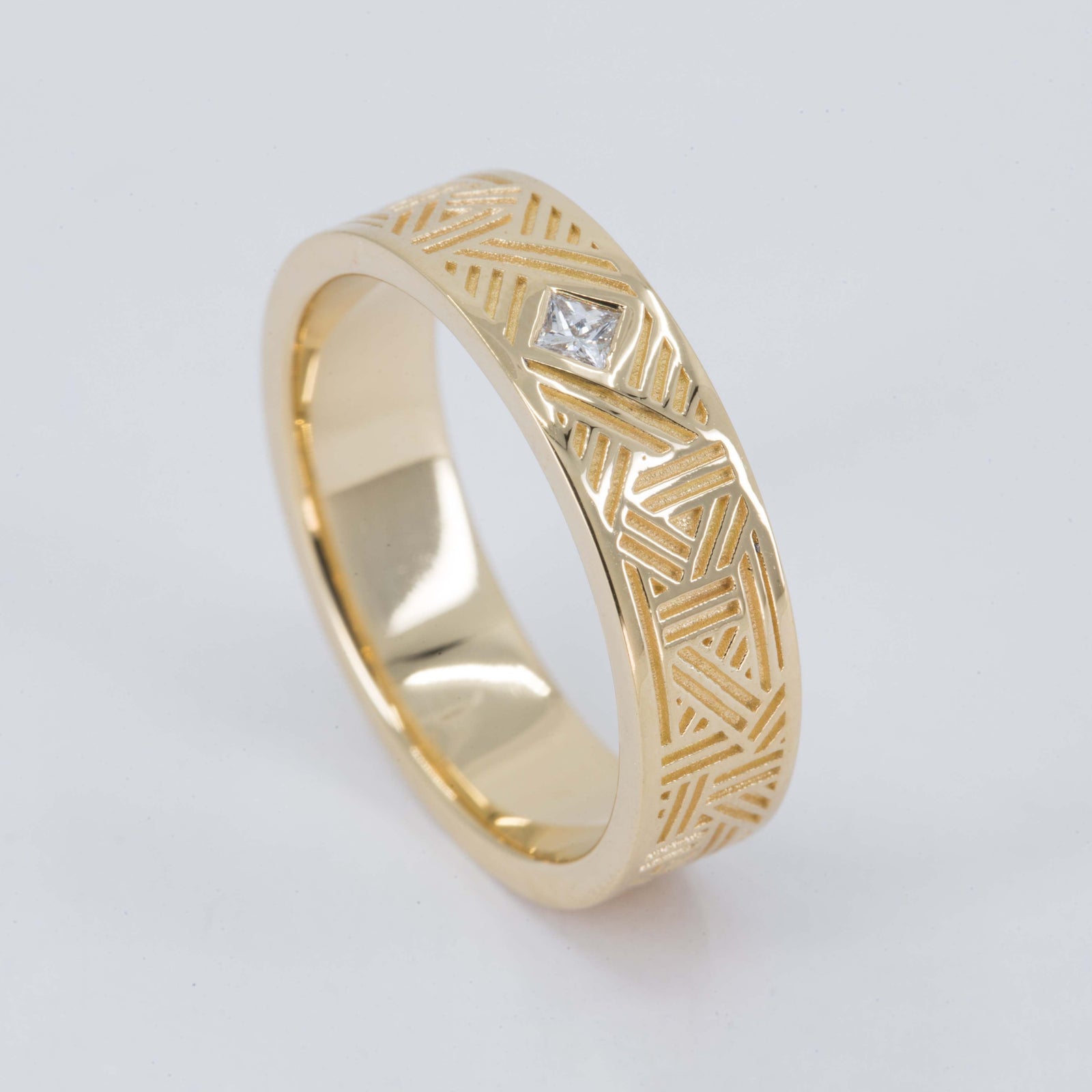 Orion Men's Wedding Band with Princess Cut Diamond in 14K Yellow Gold – view 2