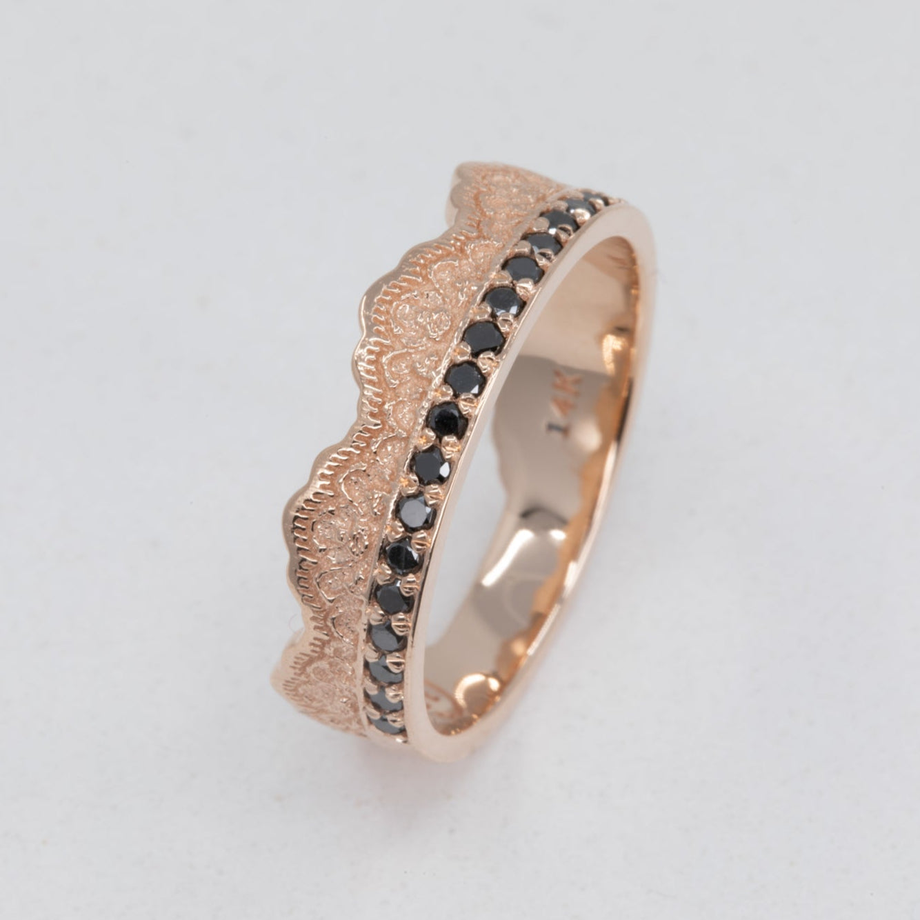 Maeve Lace Crown Wedding Ring with Black Diamonds in 14K Yellow Gold – view 2