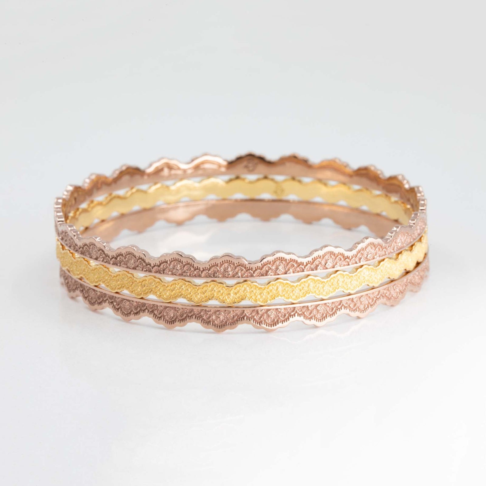 Set of Three Stacking Lace Bangle Bracelets — Lesia & Double Maeve in 14K Gold