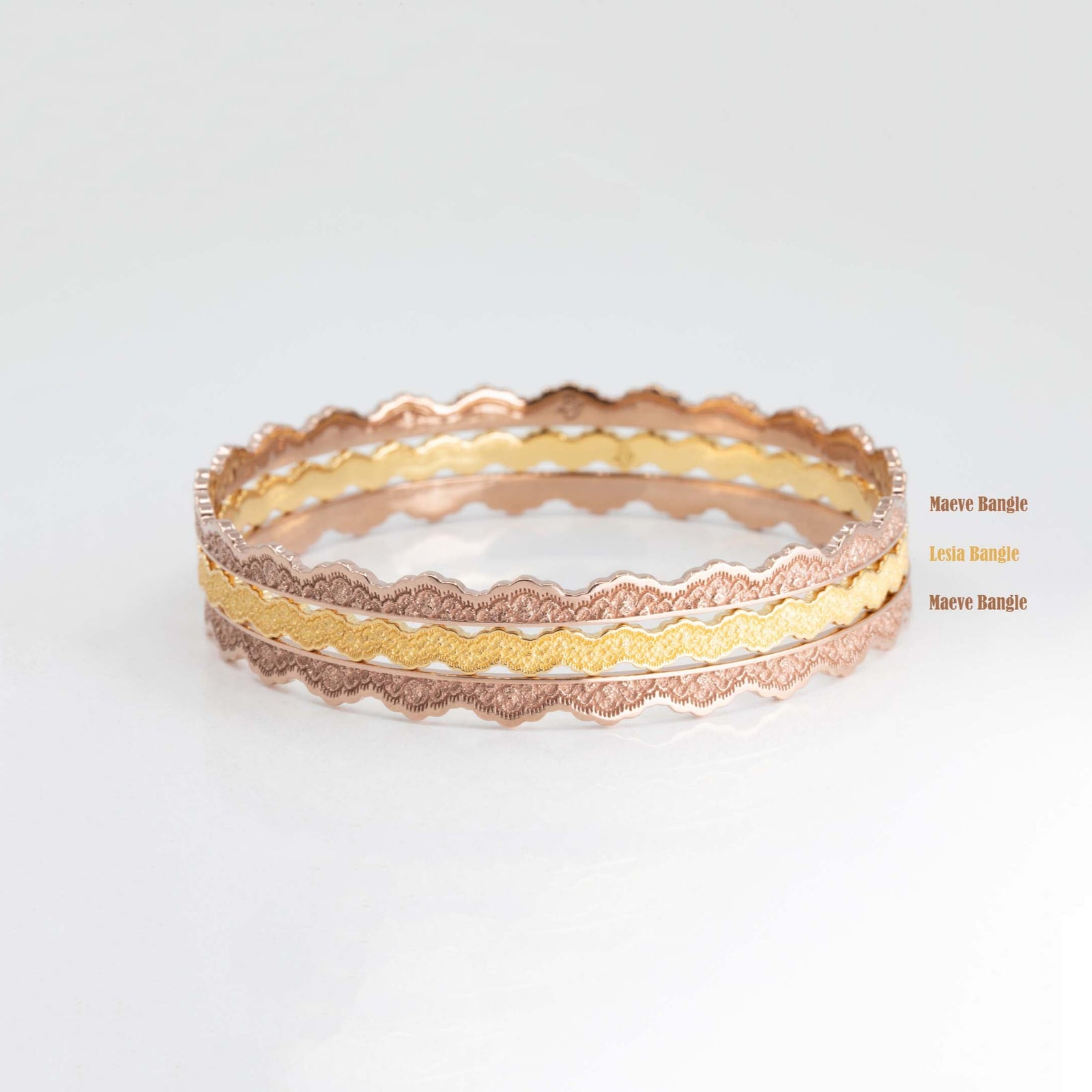 Set of Three Stacking Lace Bangle Bracelets — Lesia & Double Maeve in 14K Gold – view 2