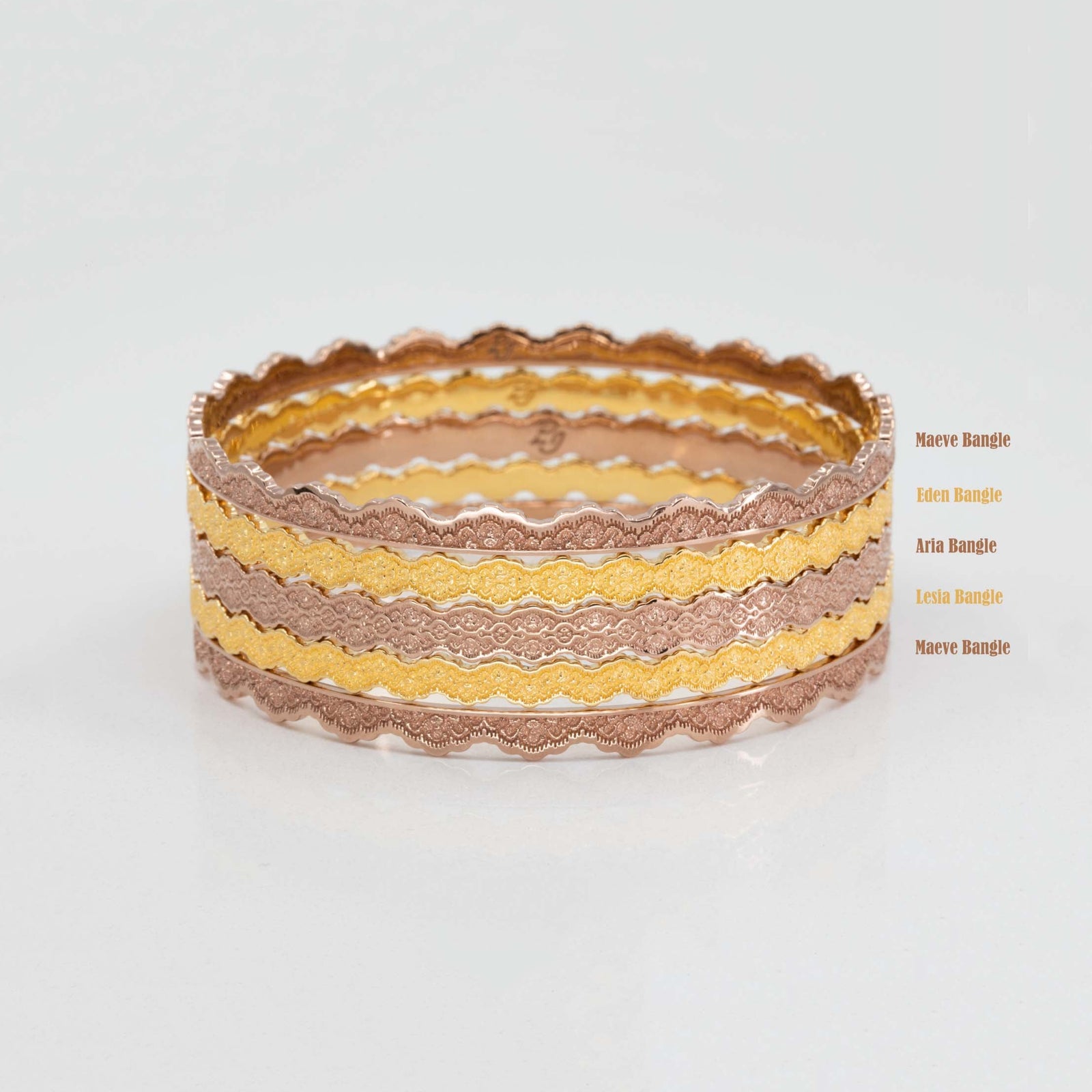 Set of Five Stacking Lace Bangle Bracelets in 14K Gold – view 2