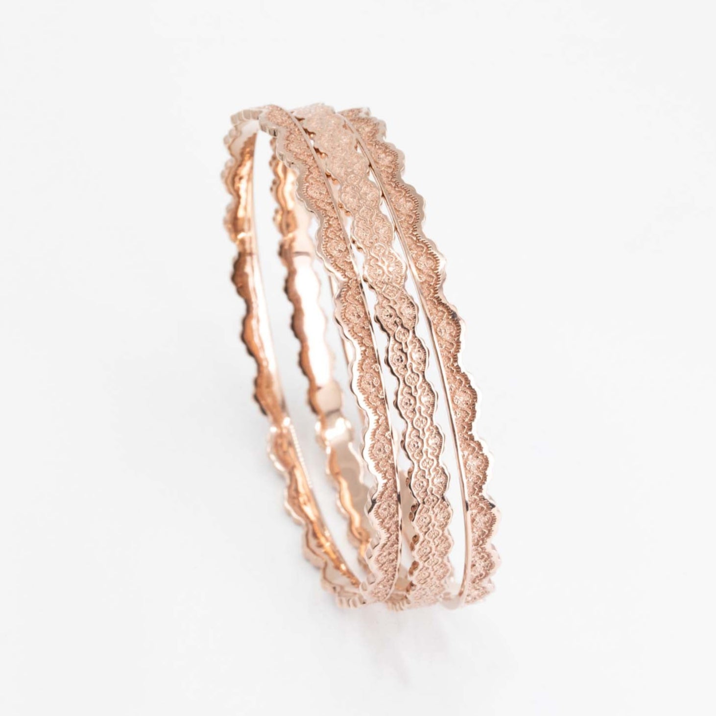 Set of Three Stacking Lace Bangle Bracelets — Aria & Double Maeve in 14K Gold – view 2