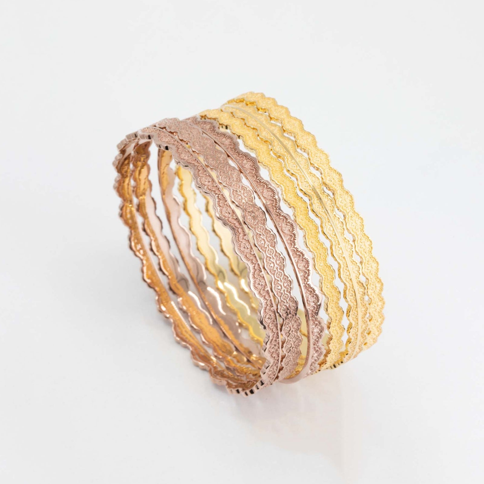 Set of Six Stacking Lace Bangle Bracelets in 14K Gold – view 2