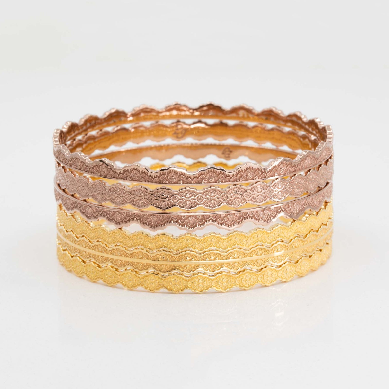 Set of Six Stacking Lace Bangle Bracelets in 14K Gold