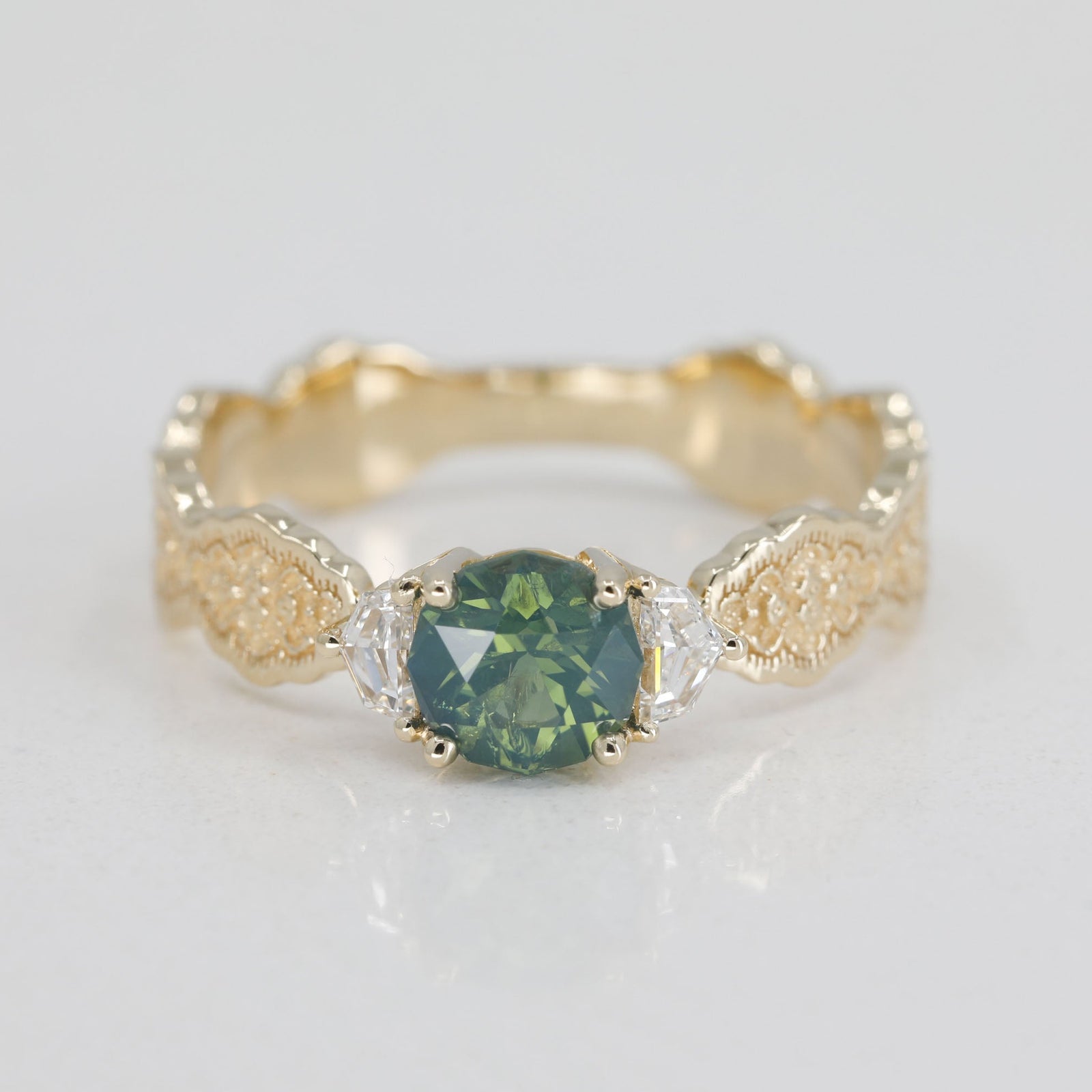 Brynne Three Stone Engagement Ring Setting in 14K Yellow Gold with diamond