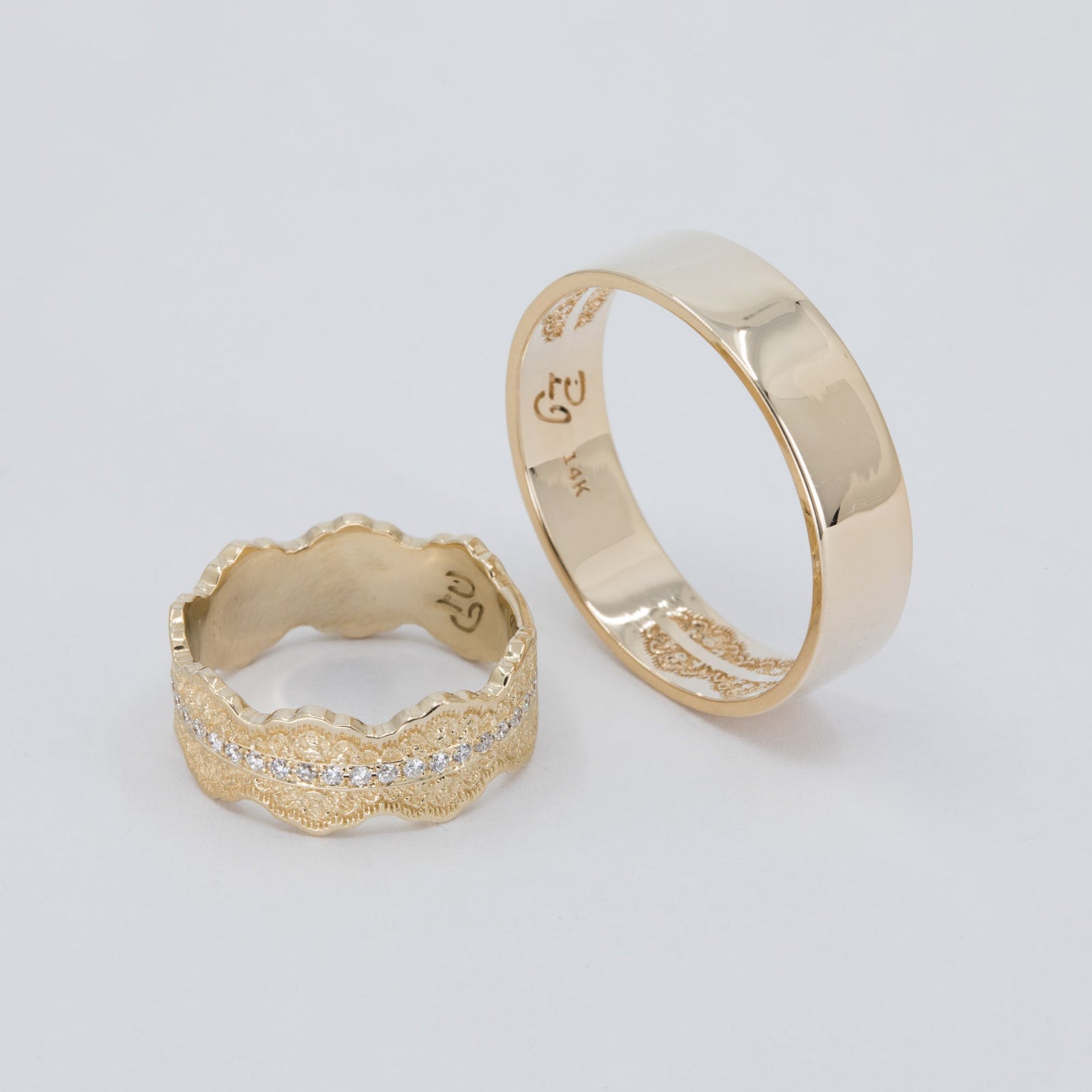 Couples Matching Esme Lace Wedding Ring Set with Diamonds in 14K Yellow Gold – view 2