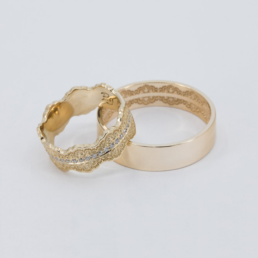 Couples Matching Esme Lace Wedding Ring Set with Diamonds