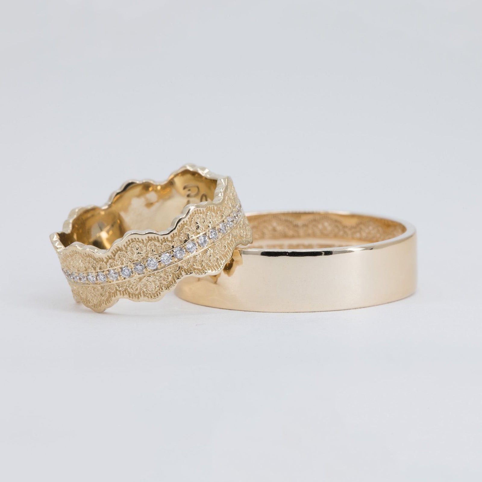 Couples Matching Esme Lace Wedding Ring Set with Diamonds in 14K Yellow Gold