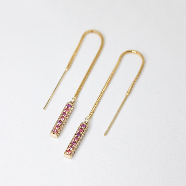 Threader Bar Earrings with Lab Grown Pink/Purple and Colorless Diamonds
