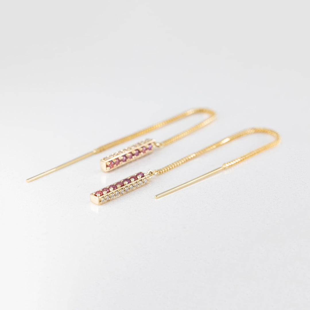 Threader Bar Earrings with Lab Grown Pink/Purple and Colorless Diamonds
