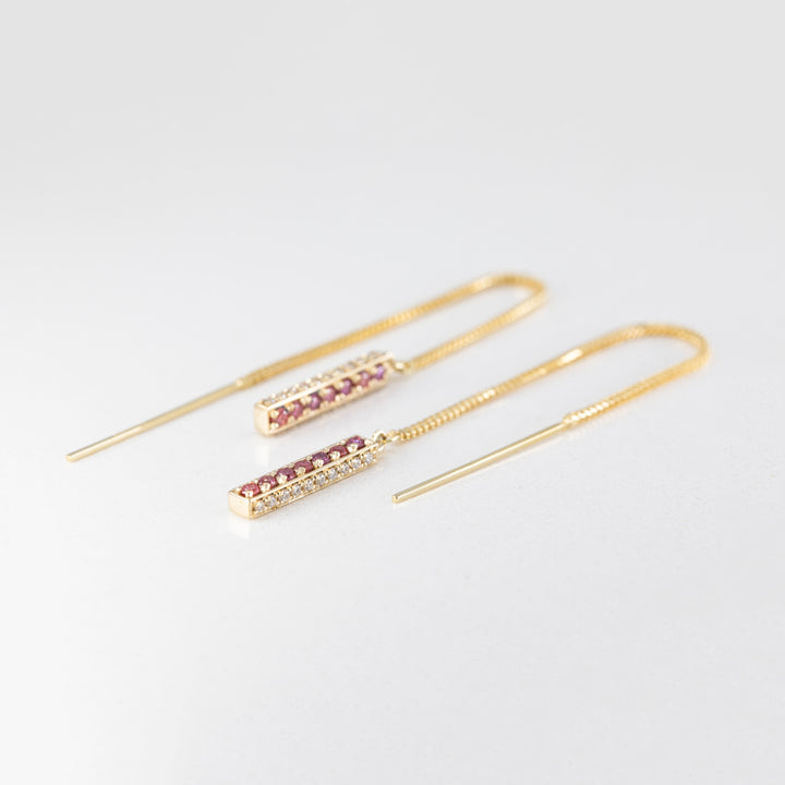Threader Bar Earrings with Lab Grown Pink/Purple and Colorless Diamonds