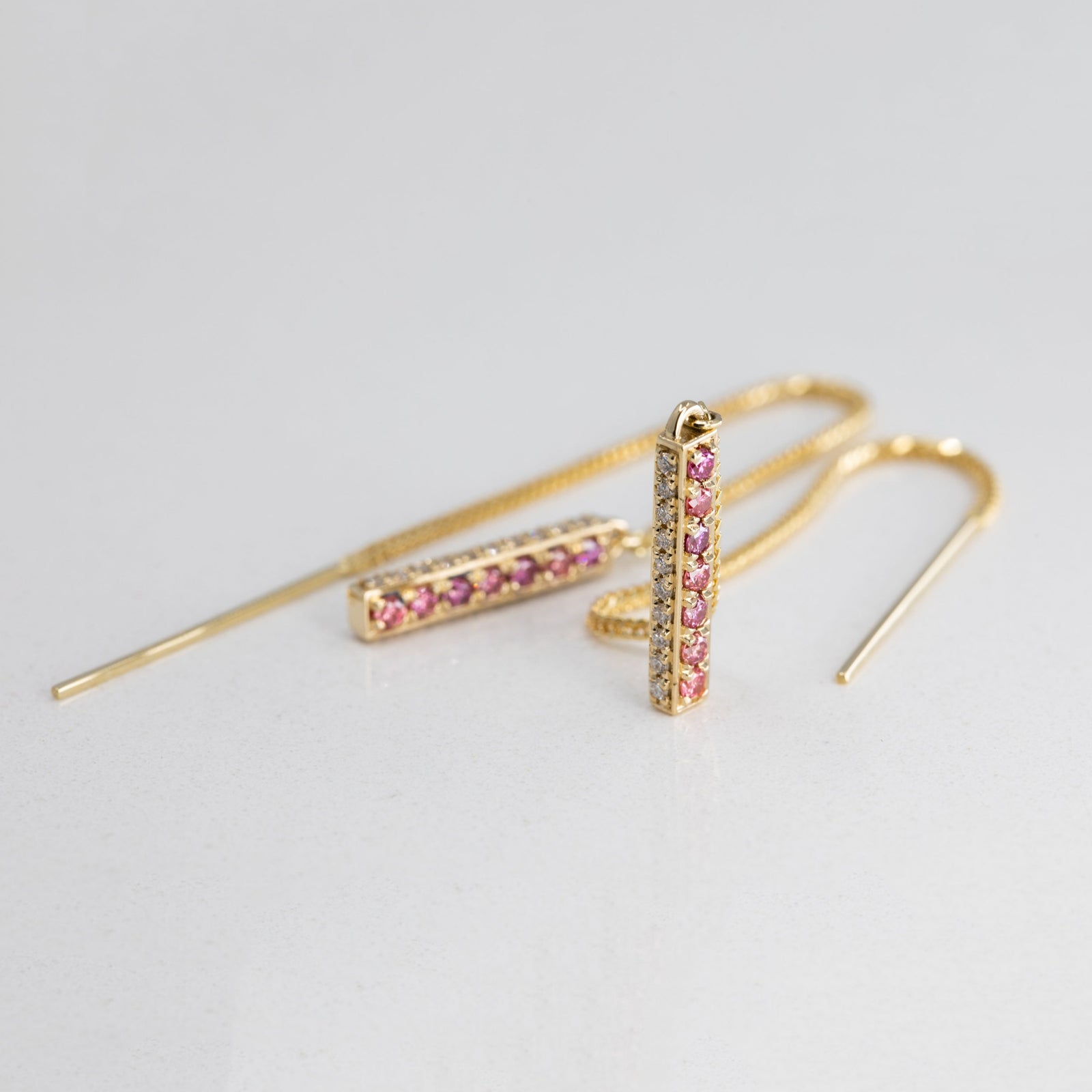 Threader Bar Earrings with Lab Grown Pink/Purple and Colorless Diamonds