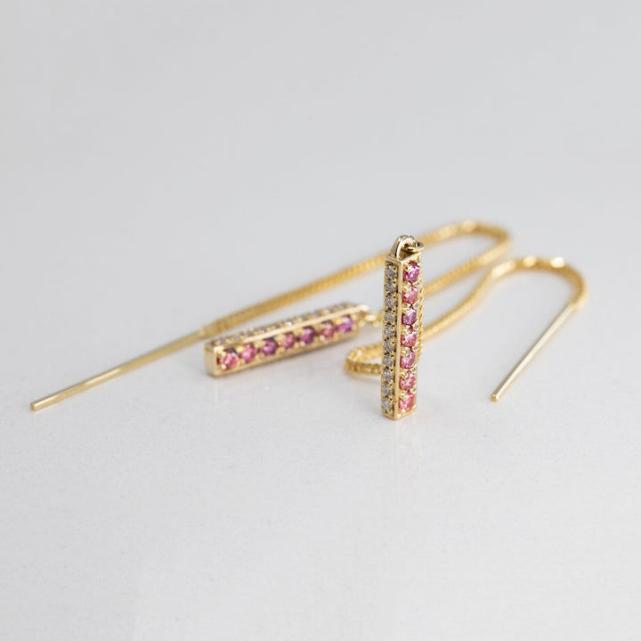 Threader Bar Earrings with Lab Grown Pink/Purple and Colorless Diamonds