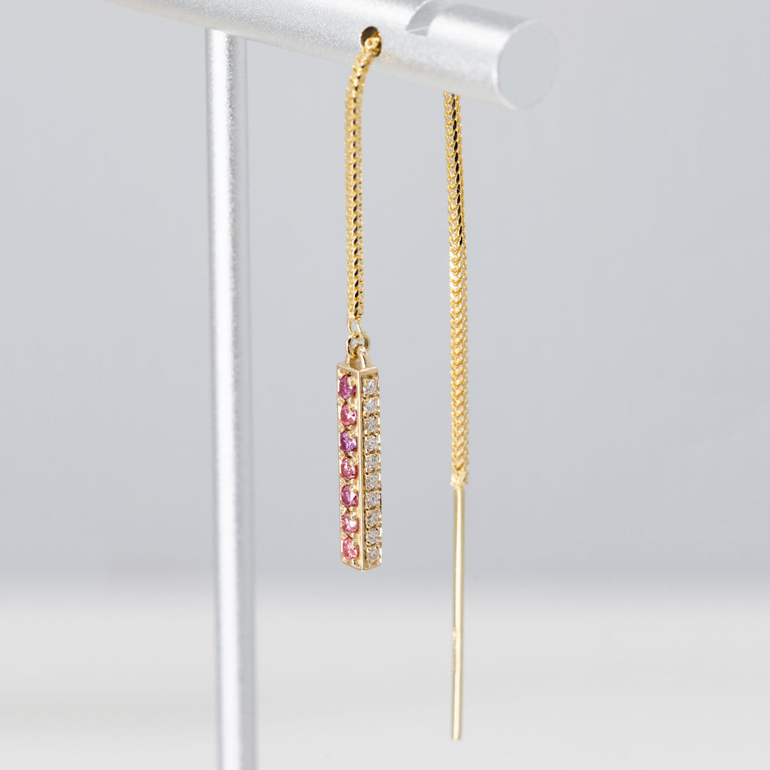 Threader Bar Earrings with Lab Grown Pink/Purple and Colorless Diamonds