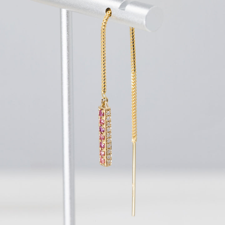 Threader Bar Earrings with Lab Grown Pink/Purple and Colorless Diamonds