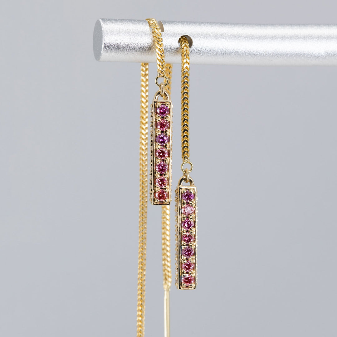 Threader Bar Earrings with Lab Grown Pink/Purple and Colorless Diamonds