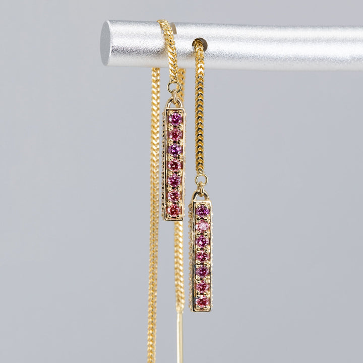 Threader Bar Earrings with Lab Grown Pink/Purple and Colorless Diamonds
