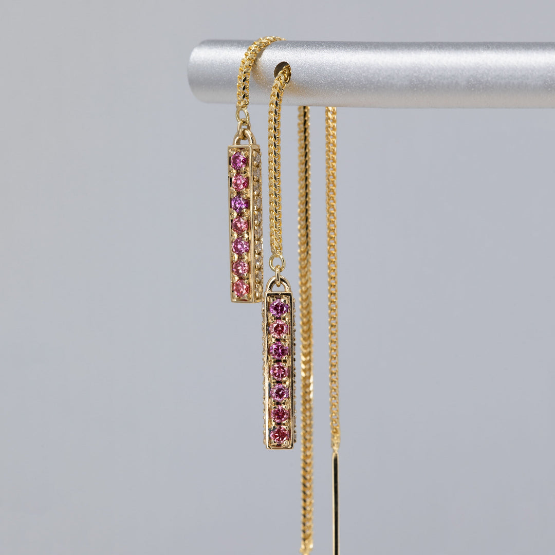 Threader Bar Earrings with Lab Grown Pink/Purple and Colorless Diamonds