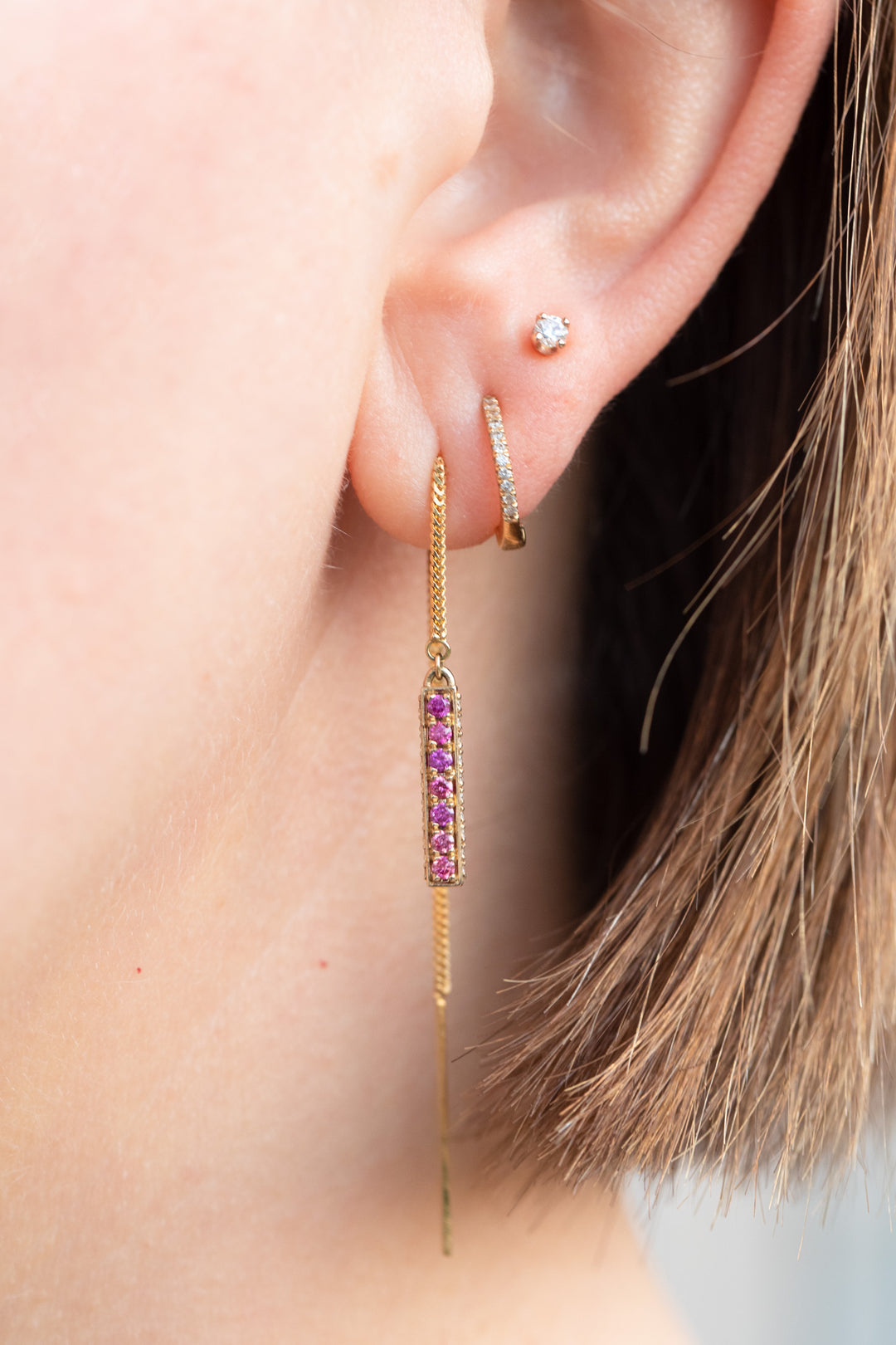 Threader Bar Earrings with Lab Grown Pink/Purple and Colorless Diamonds