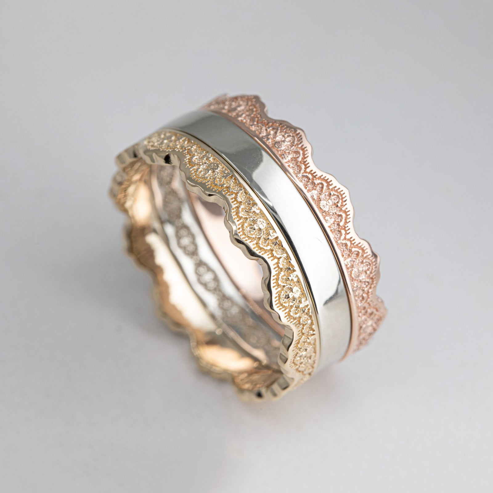 Maeve Lace Crown Wedding Ring Set — Two Crown Rings & Classic Band in rose gold – view 2