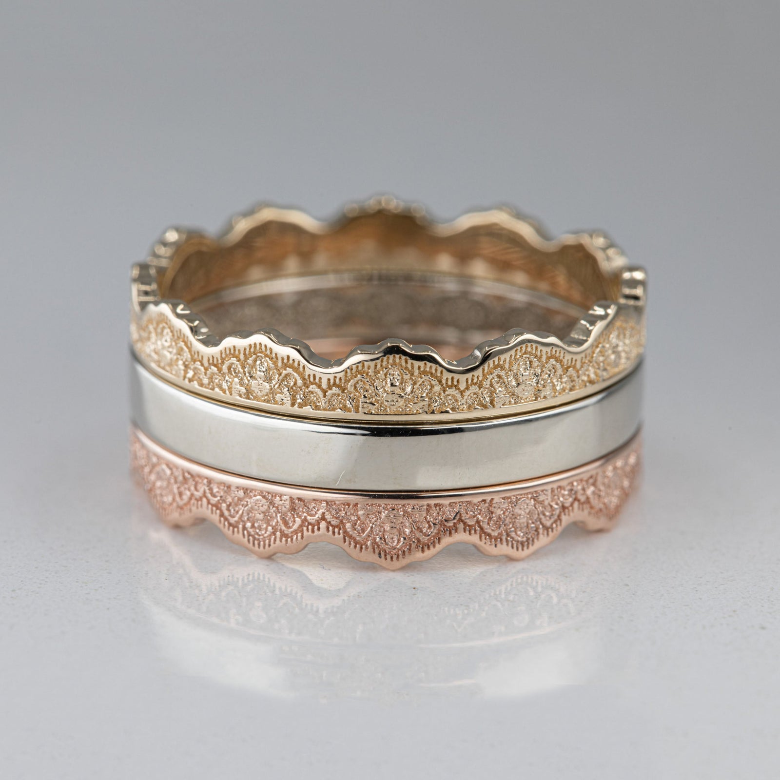 Maeve Lace Crown Wedding Ring Set — Two Crown Rings & Classic Band in rose gold