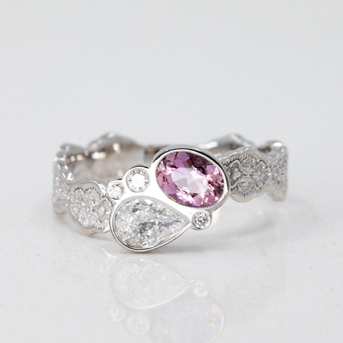 Eden Lace Toi et Moi Ring with a Pink Imperial Topaz and Diamonds in 14K white gold