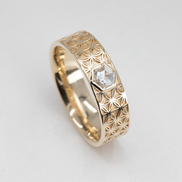 Florus Men's Flower of Life Comfort Fit Band with Hexagon Lab Diamond