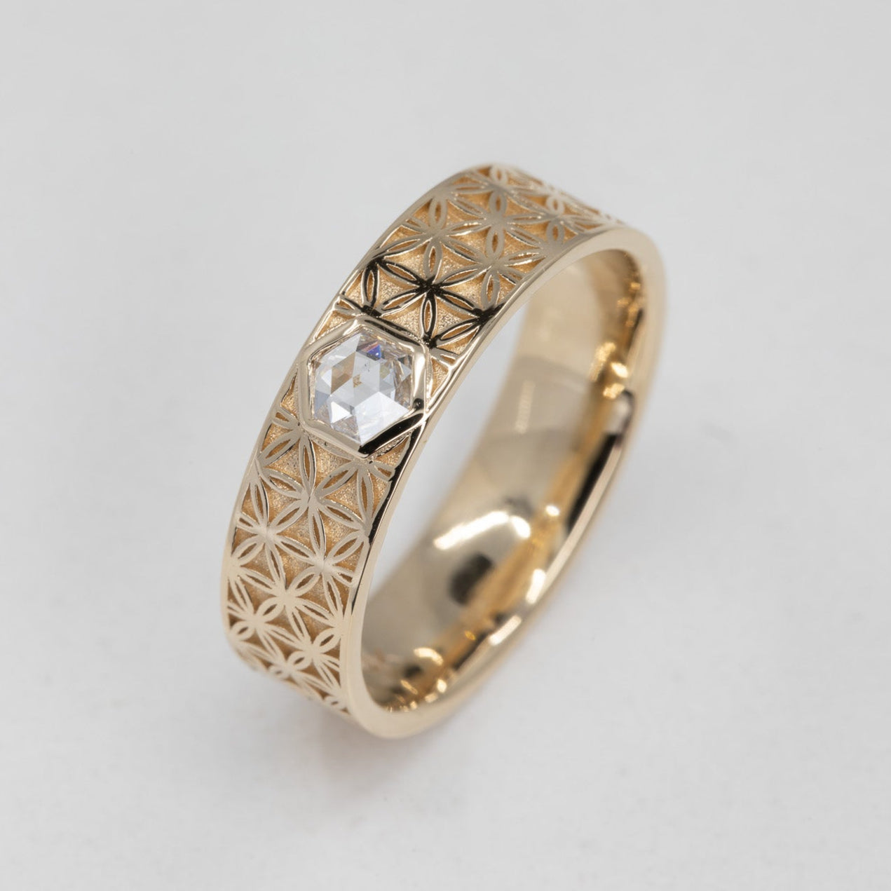 Florus Men's Flower of Life Comfort Fit Band with Hexagon Lab Diamond in 14K Yellow Gold with lab grown diamond – view 2