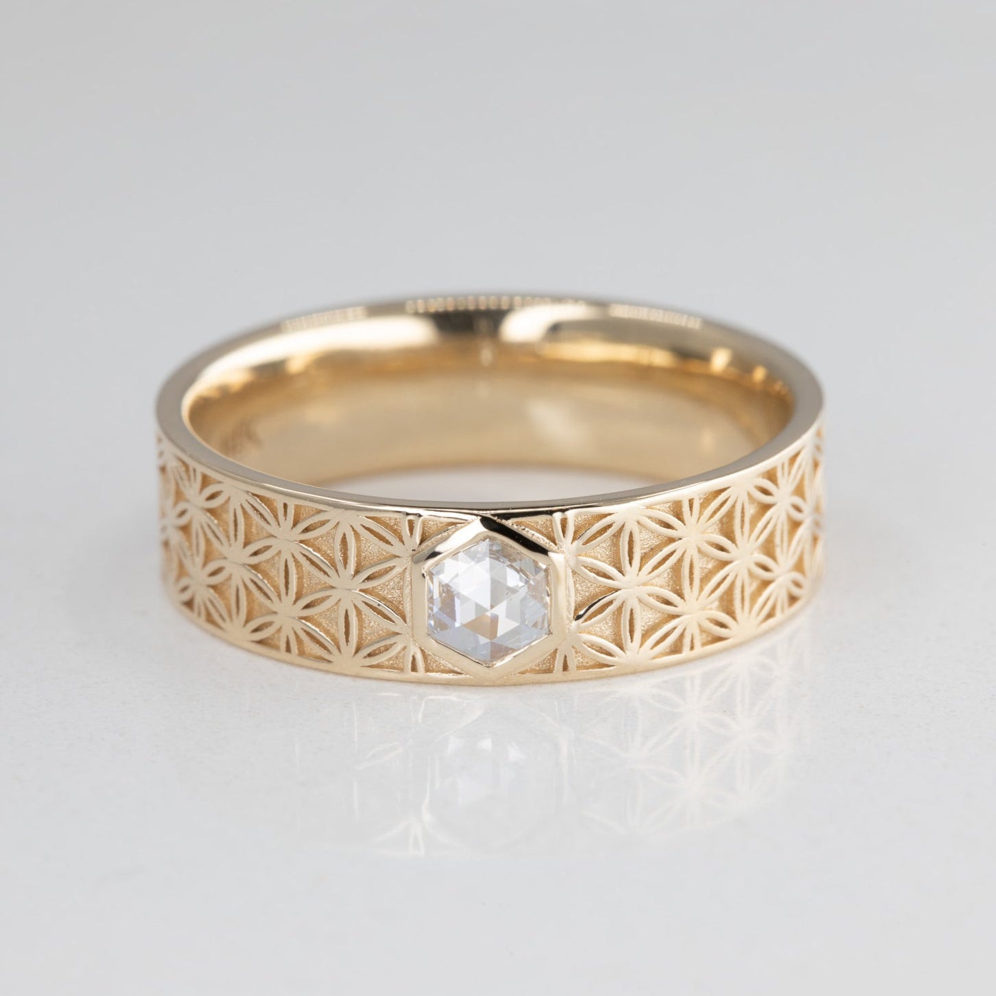 Florus Men's Flower of Life Comfort Fit Band with Hexagon Lab Diamond in 14K Yellow Gold with lab grown diamond