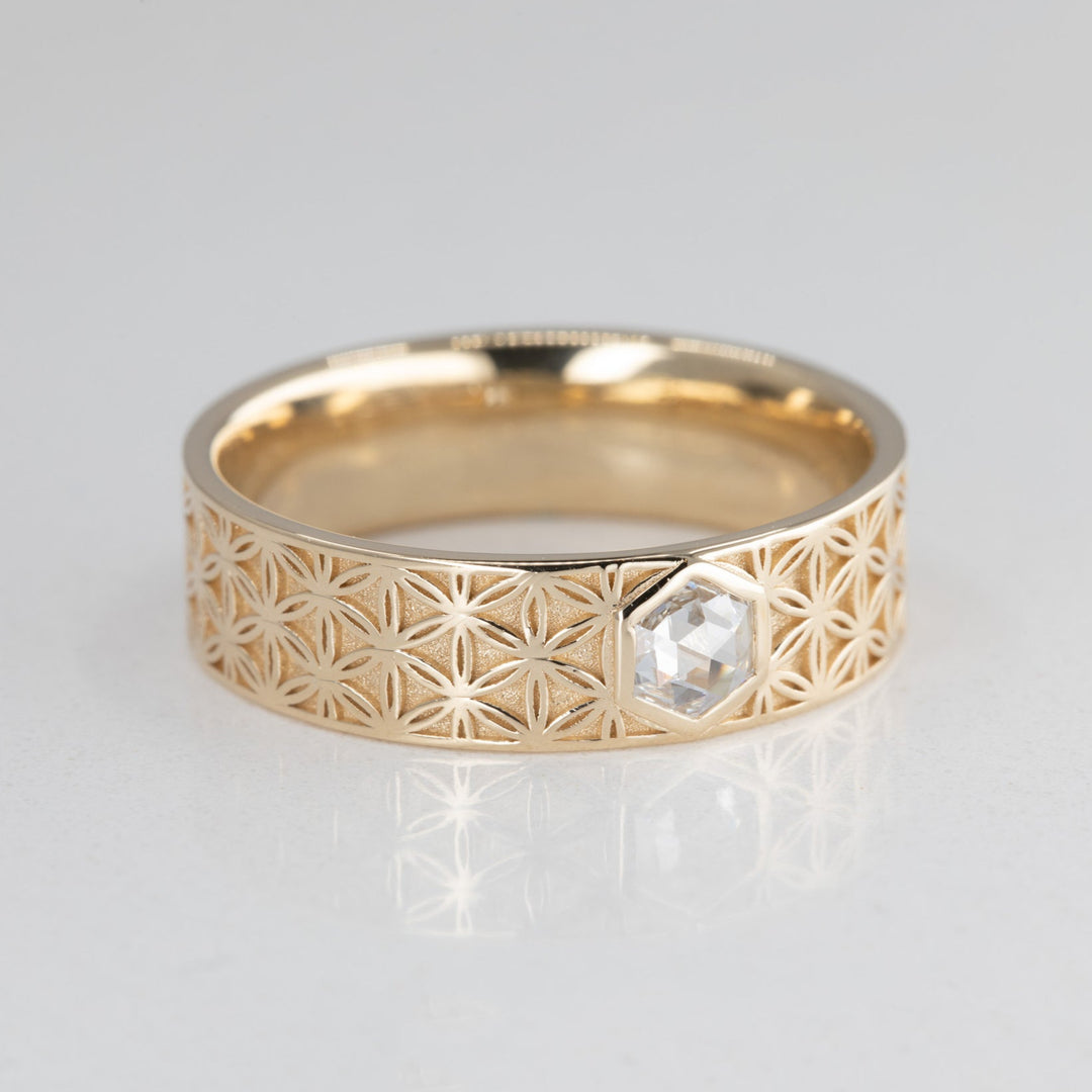 Florus Men's Flower of Life Comfort Fit Band with Hexagon Lab Diamond