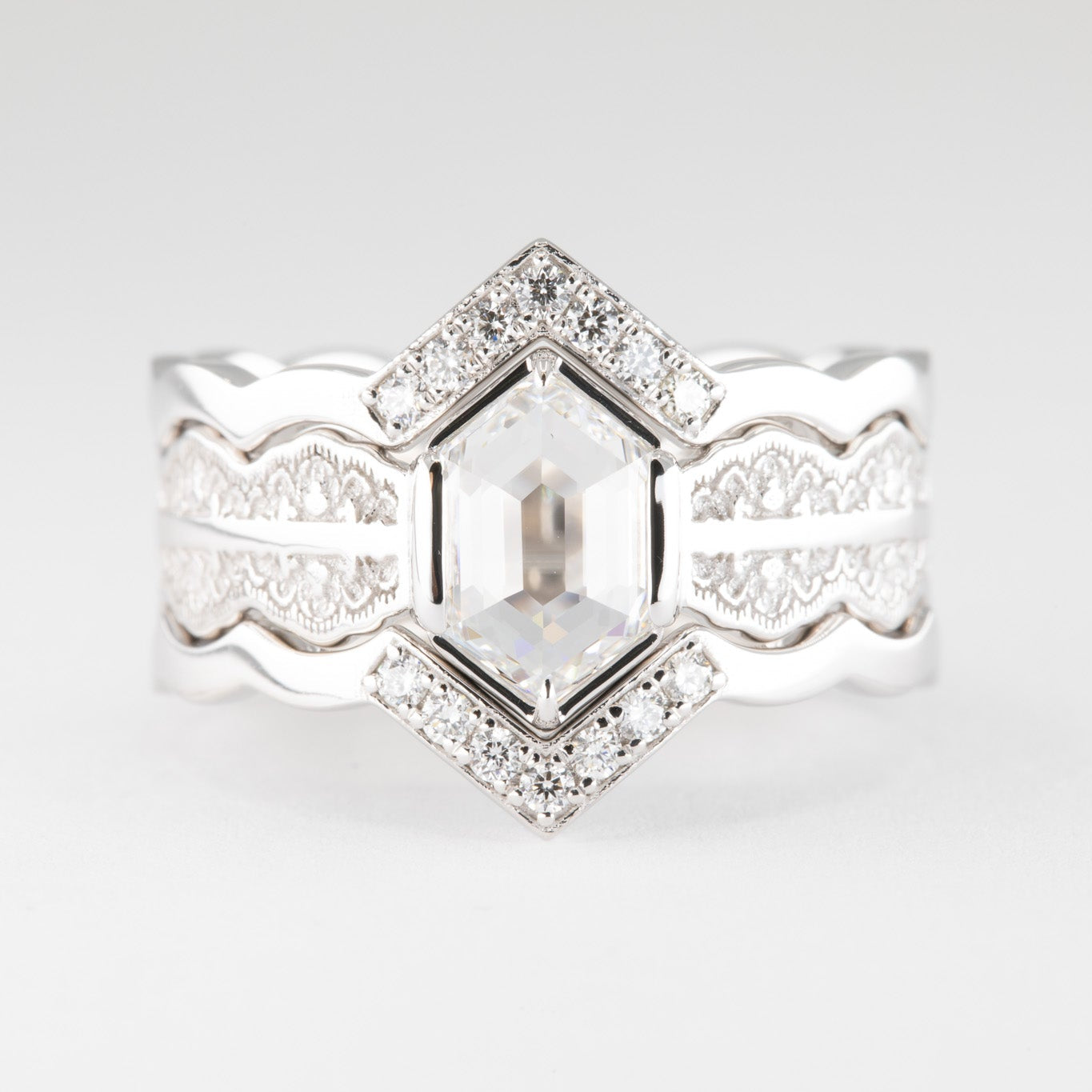 Esme Hexagon Lace Engagement Ring with a Natural Diamond and Matching Wedding Rings in 14K Yellow Gold