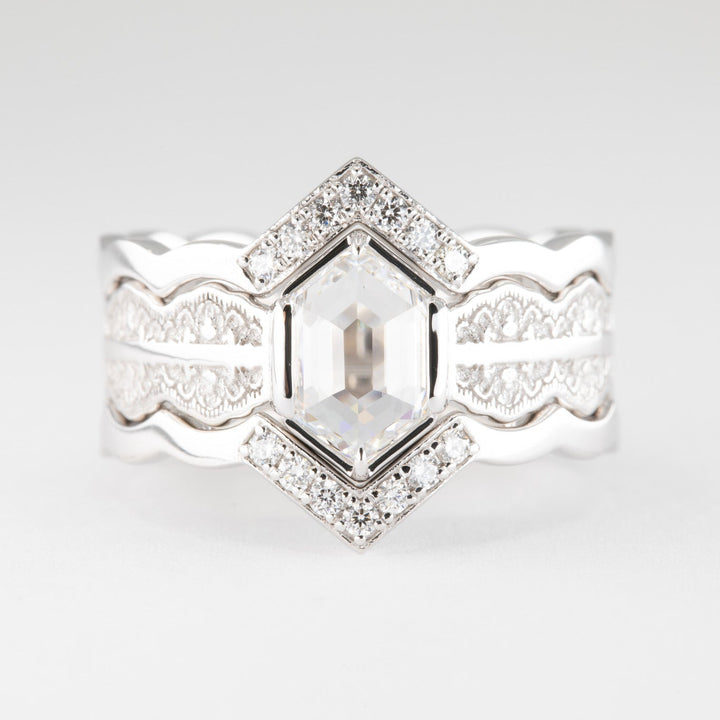 Esme Hexagon Lace Engagement Ring with a Natural Diamond and Matching Wedding Rings