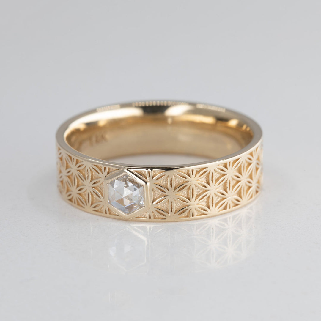 Florus Men's Flower of Life Comfort Fit Band with Hexagon Lab Diamond