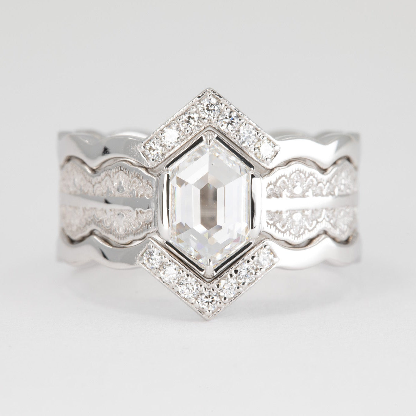Esme Hexagon Lace Engagement Ring with a Natural Diamond and Matching Wedding Rings in 14K Yellow Gold – view 2
