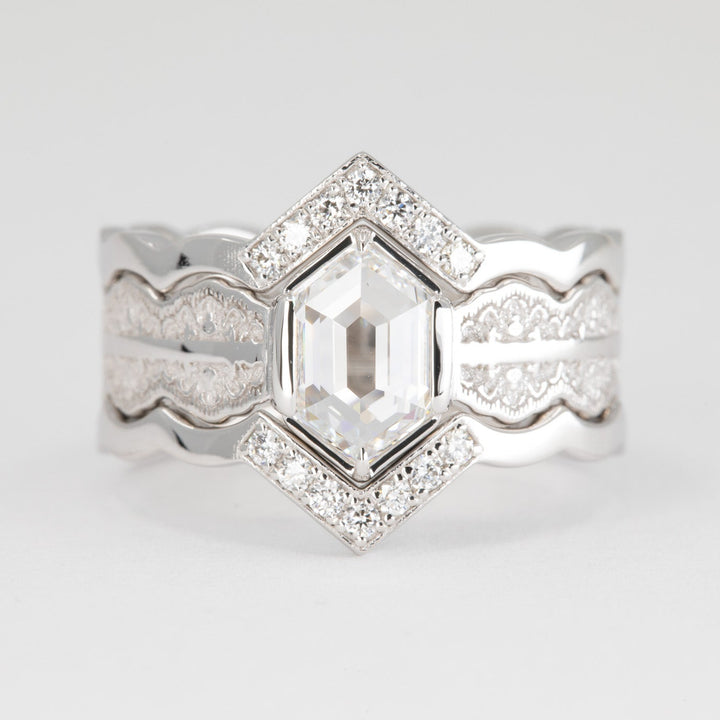 Esme Hexagon Lace Engagement Ring with a Natural Diamond and Matching Wedding Rings