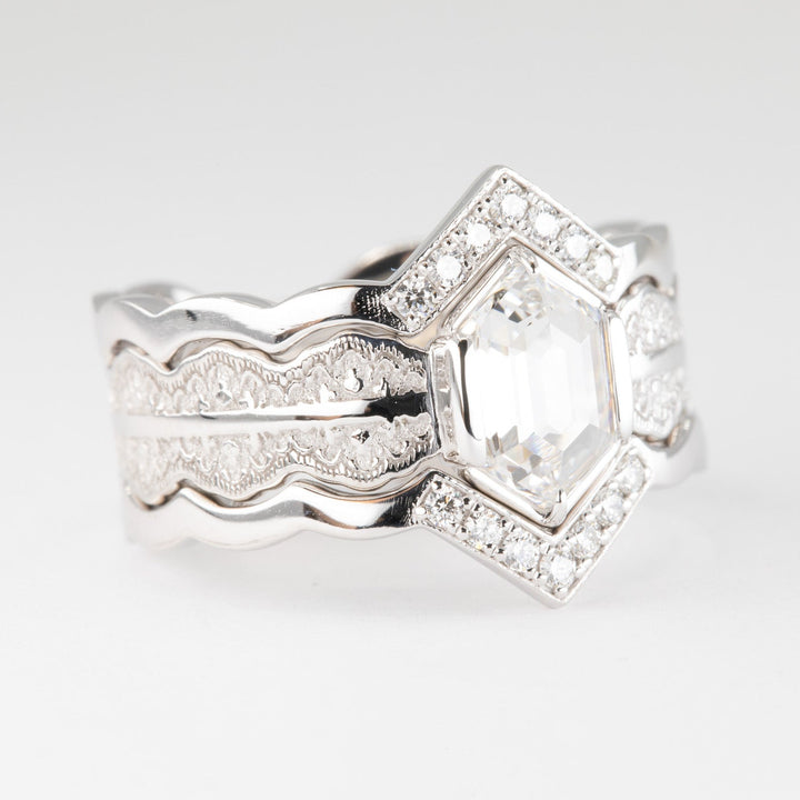Esme Hexagon Lace Engagement Ring with a Natural Diamond and Matching Wedding Rings