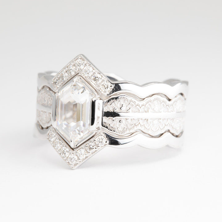 Esme Hexagon Lace Engagement Ring with a Natural Diamond and Matching Wedding Rings