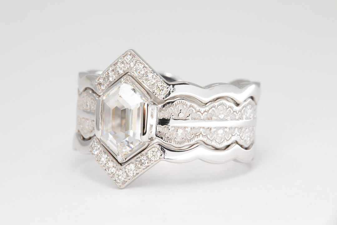 Esme Hexagon Lace Engagement Ring with a Natural Diamond and Matching Wedding Rings