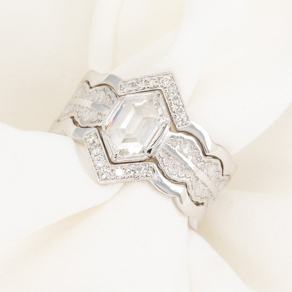 Esme Hexagon Lace Engagement Ring with a Natural Diamond and Matching Wedding Rings