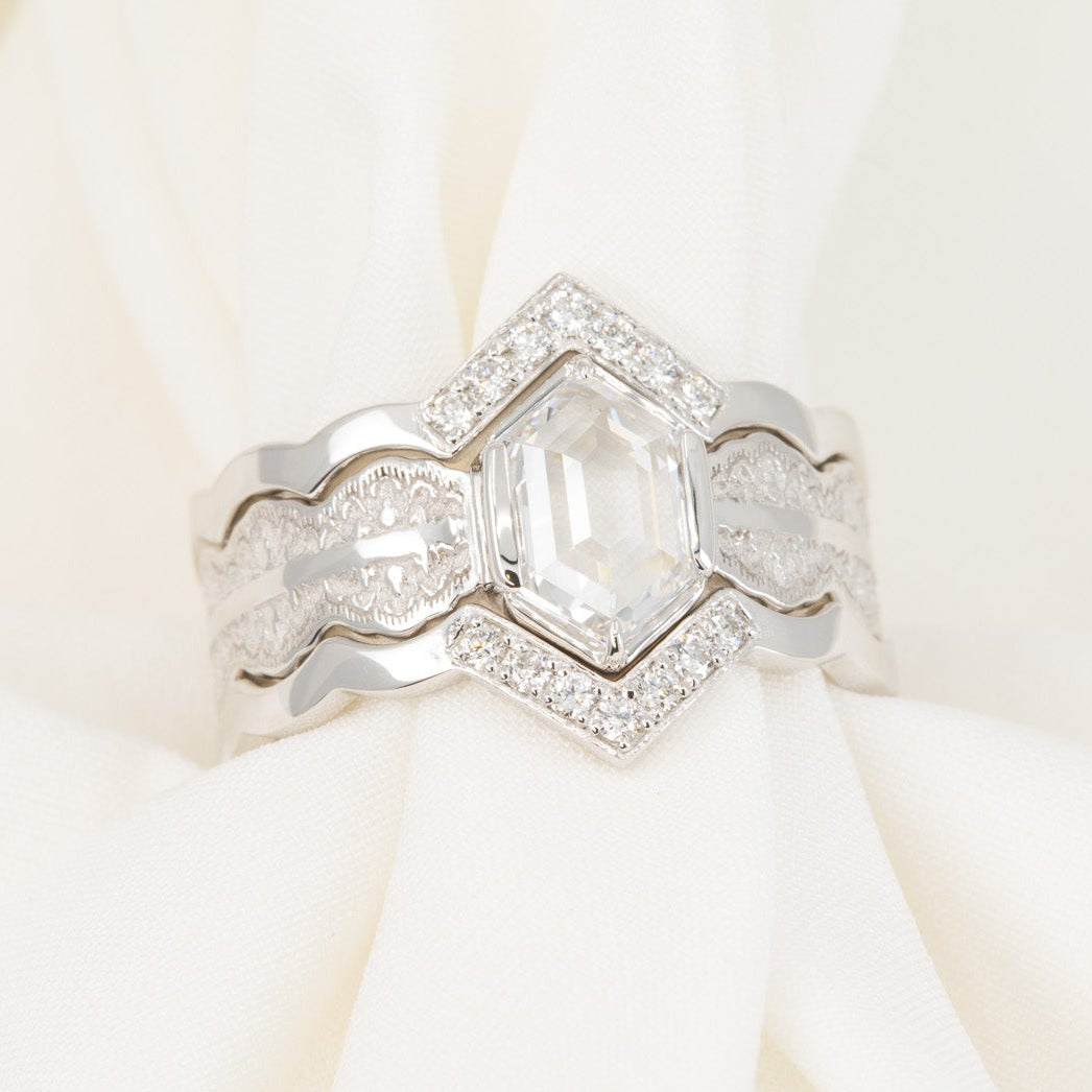 Esme Hexagon Lace Engagement Ring with a Natural Diamond and Matching Wedding Rings