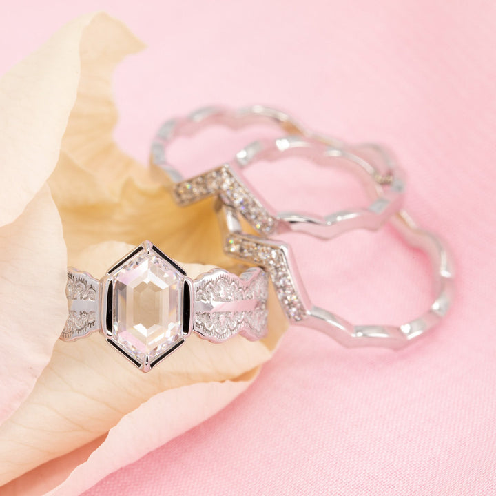 Esme Hexagon Lace Engagement Ring with a Natural Diamond and Matching Wedding Rings