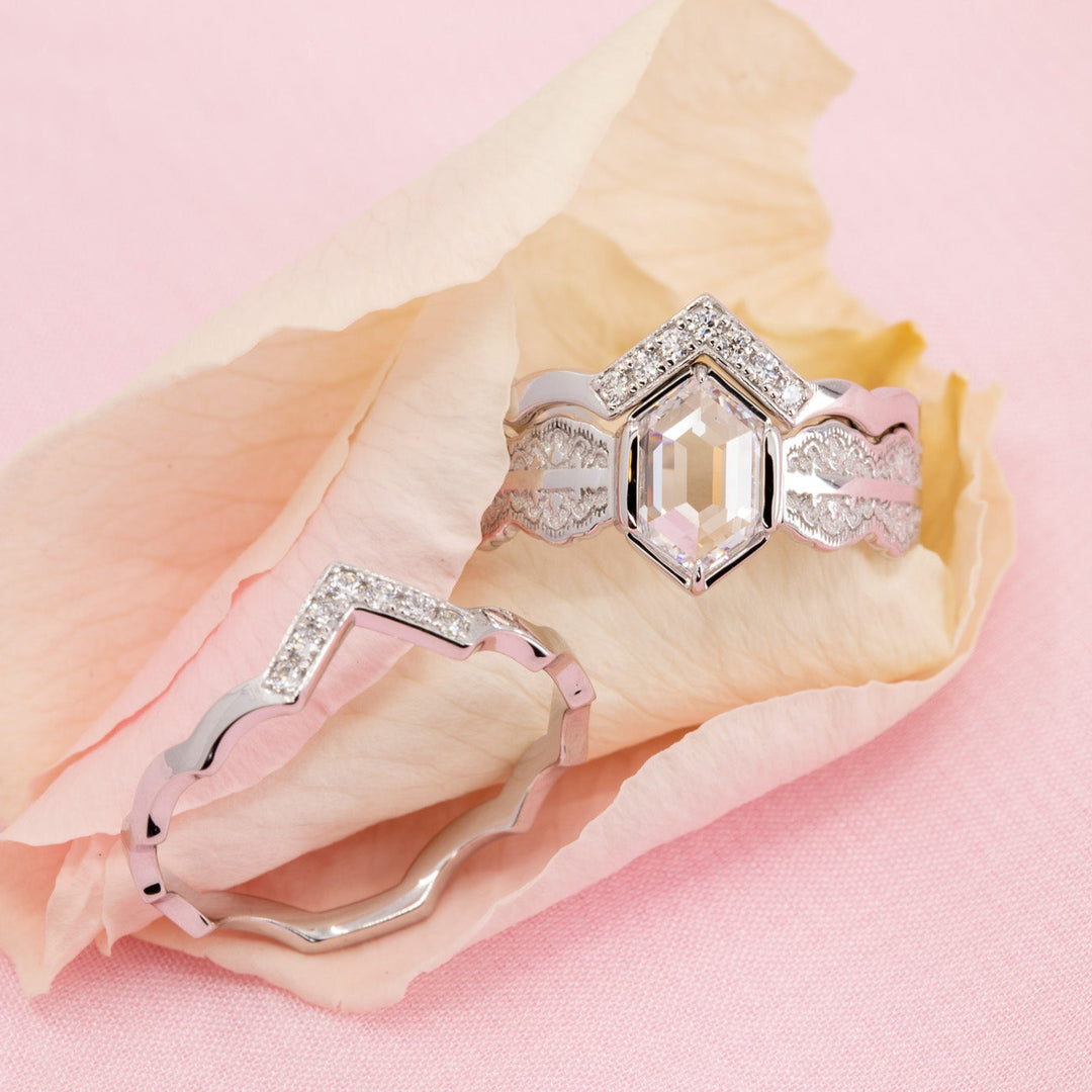 Esme Hexagon Lace Engagement Ring with a Natural Diamond and Matching Wedding Rings