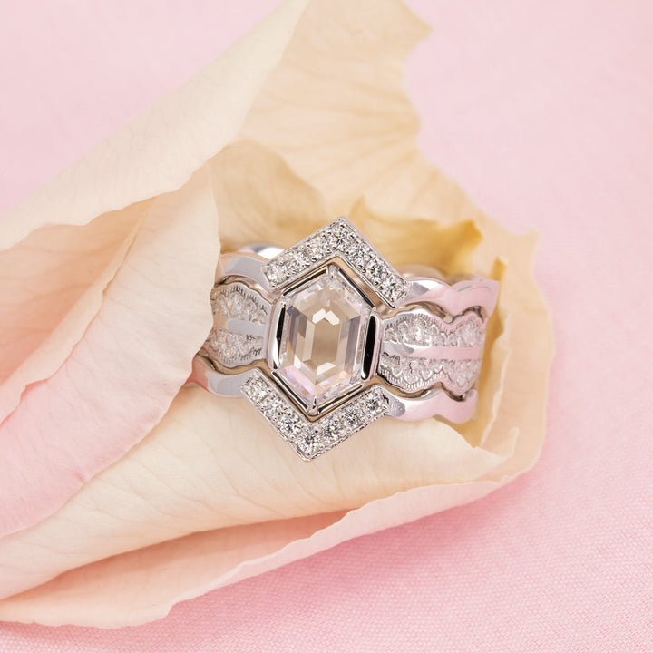 Esme Hexagon Lace Engagement Ring with a Natural Diamond and Matching Wedding Rings