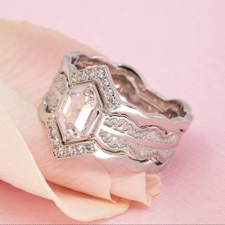 Esme Hexagon Lace Engagement Ring with a Natural Diamond and Matching Wedding Rings