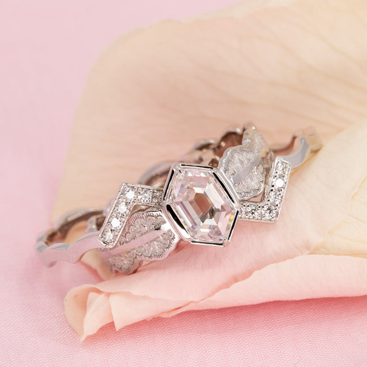 Esme Hexagon Lace Engagement Ring with a Natural Diamond and Matching Wedding Rings
