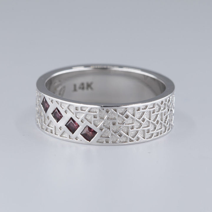 Atlas Men's Wedding Band with Princess Rubies - Size 7.5