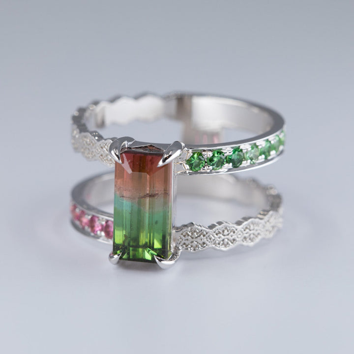Isla Lace Open Double Band Ring with Watermelon Tourmaline - Size 6