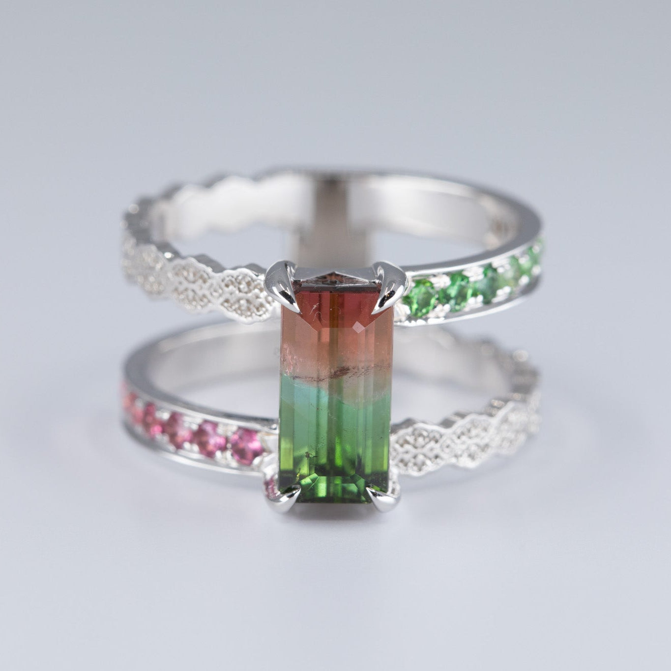 Isla Lace Open Double Band Ring with Watermelon Tourmaline in 14K white gold