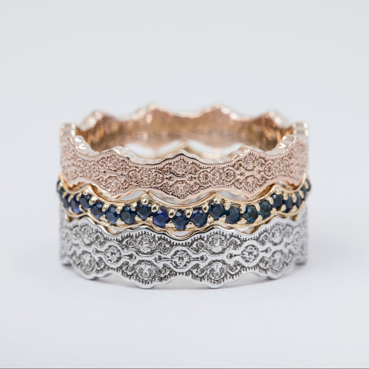 Aria and Celine Lace Stacking Wedding Ring Set with Sapphires with blue sapphire
