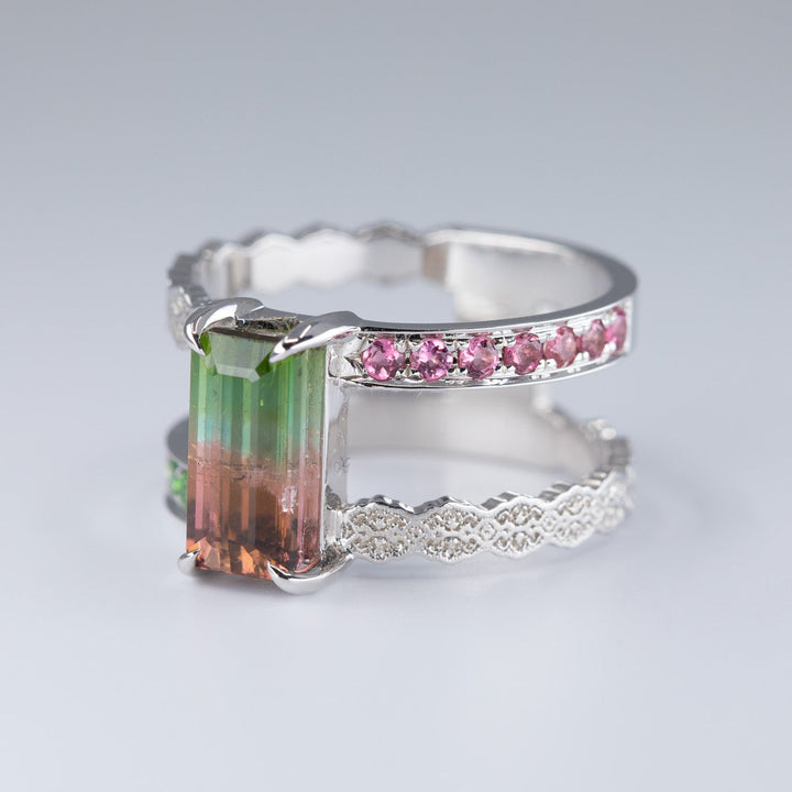 Isla Lace Open Double Band Ring with Watermelon Tourmaline - Size 6